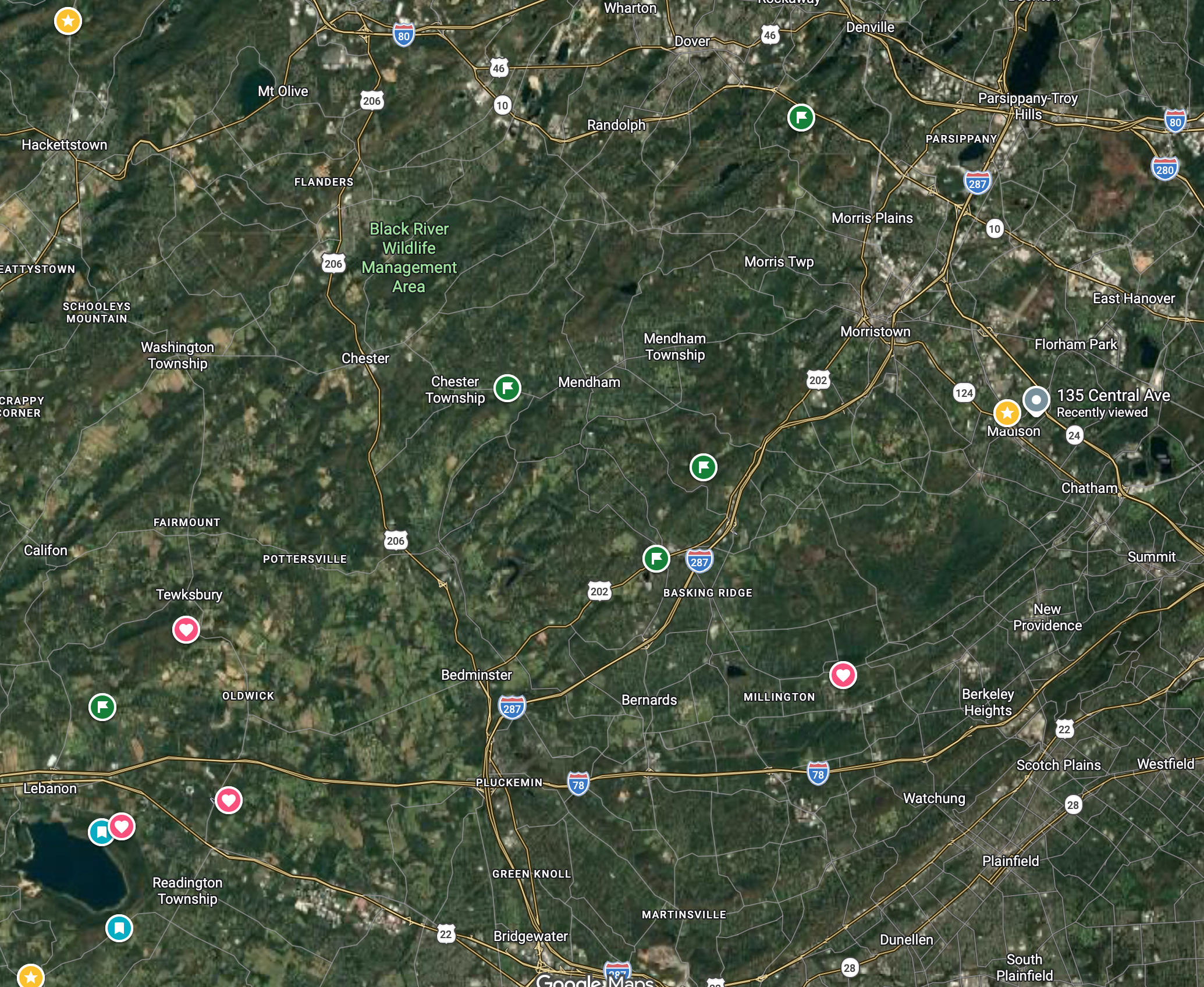 Map of Dave Hughson service areas including Randolph, Mendham, Harding, Bernards, Chester, and Tewksbury