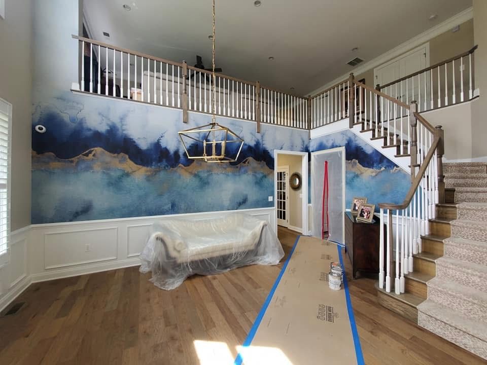 Stunning blue watercolor wallpaper accent wall